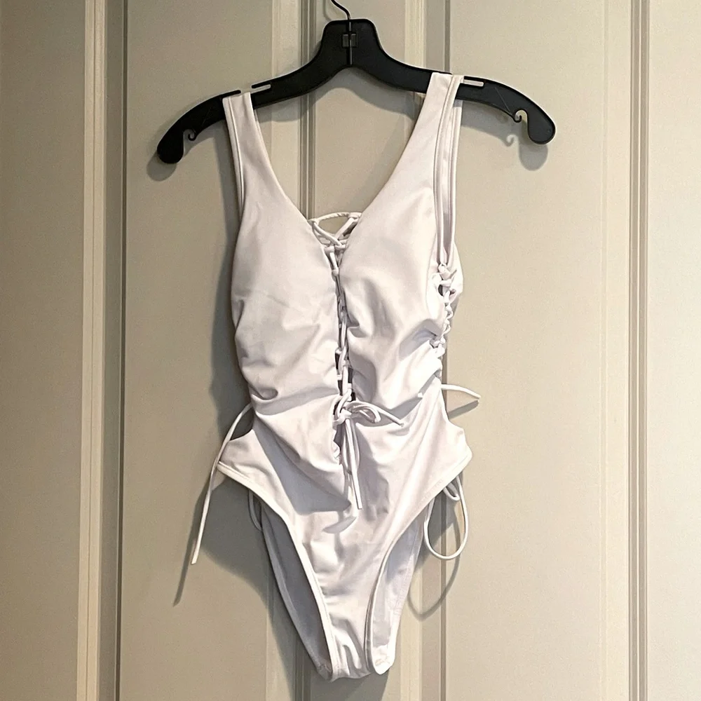 White One Piece Swimsuit Adjustable Tie Front Back & Sides - Worn 1x - Like New - Picture 3 of 6
